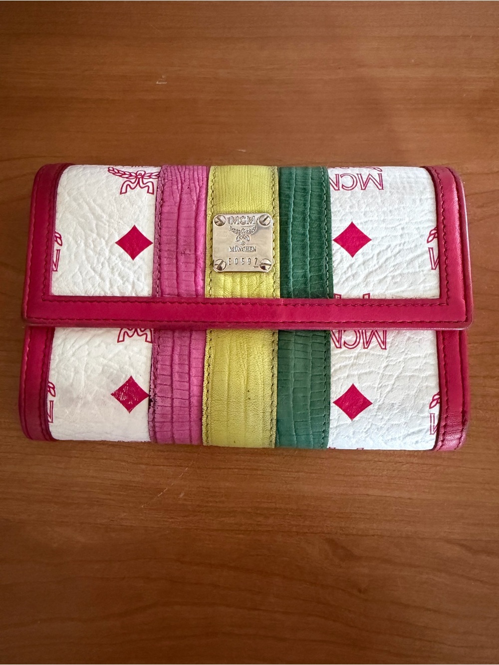 MCM White Leather Continental Wallet with Pink, Yellow & Green Stripes